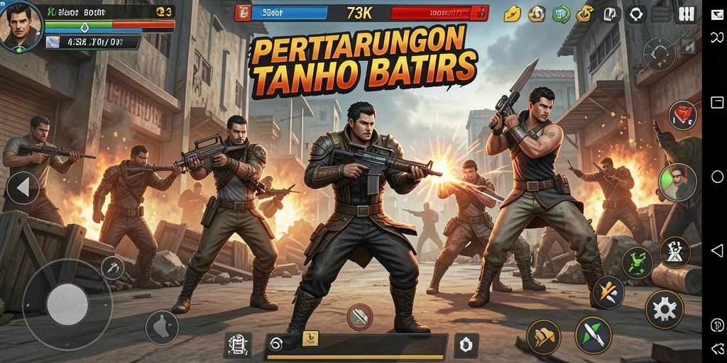Tangkapan layar utama 73K menampilkan aksi pertarungan yang mendebarkan.