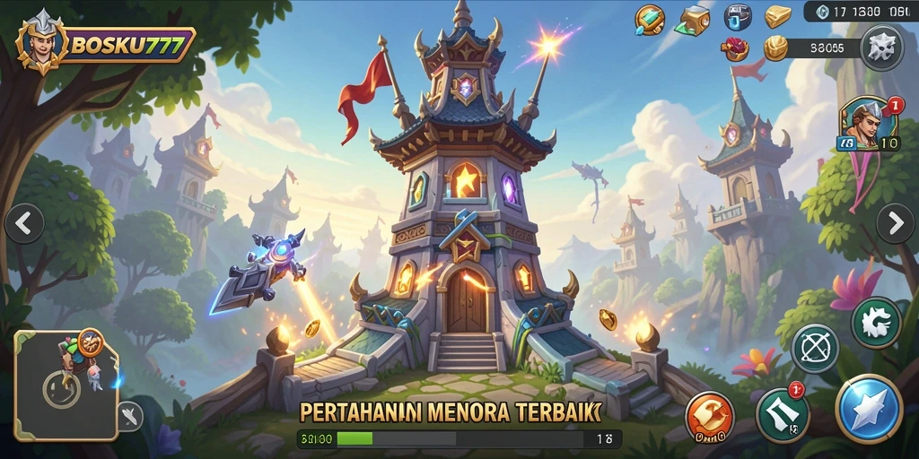 Tampilan gameplay BOSKU777 dalam pertahanan menara yang menantang.