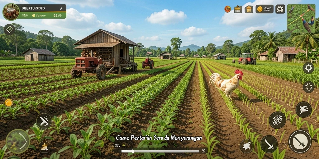 Tangkapan layar gameplay <strong>DIREKTURTOTO</strong> yang menunjukkan ladang yang subur dan hewan ternak.