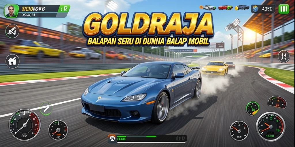 Screenshot gameplay <strong>GOLDRAJA</strong> menampilkan balapan yang mendebarkan dan mobil yang keren.