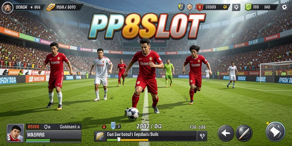 Screenshot gameplay PP8SLOT menampilkan momen seru pertandingan sepak bola.